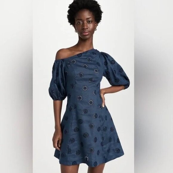 Figue Dresses & Skirts - Figue Darcy Dress Linen Eyelet Floral Off The Shoulder Mini Navy Blue Size 8